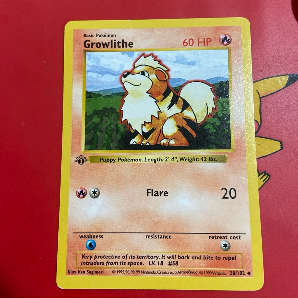 GROWLITHE Pokemon Card - WOTC - 1st Edition - Base Set - Shadowless - 28/102